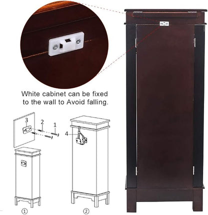 Standing Jewelry Armoire Cabinet Storage Chest with 8 Drawers, 2 Swing Doors, 16 Necklace Hooks, Makeup Mirror Storage Organizer, Large Standing Jewelry Armoire for Women(Brown)