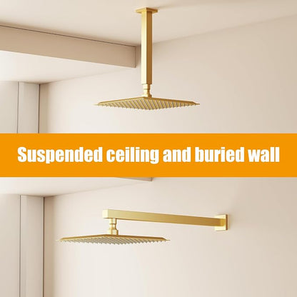 10 In Rain Shower Head High Pressure Rainfall Shower Head Brushed Gold | Square Rain Bathroom Showerhead, High Flow, Large Stainless Steel, Ceiling Mounted, Wall Mounted, Waterfall Full Body