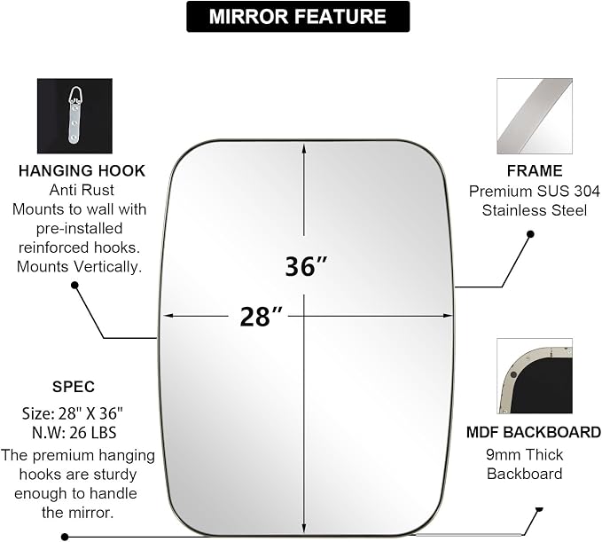 Brushed Nickel Mirror, 28x36 Inch Stainless Steel Metal Frame Oblong Bathroom Mirror for Vanity, 1’’ Deep Wall Mounted Vertically/Horizontal