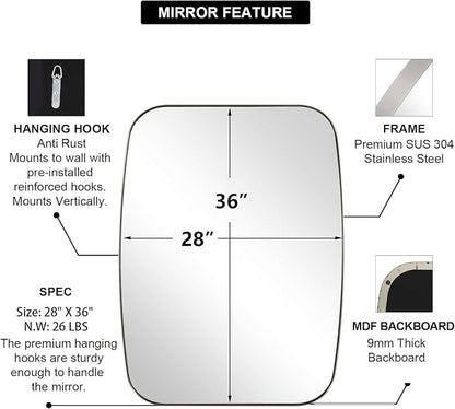 Brushed Nickel Mirror, 28x36 Inch Stainless Steel Metal Frame Oblong Bathroom Mirror for Vanity, 1’’ Deep Wall Mounted Vertically/Horizontal