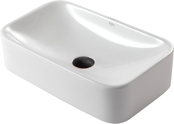 Kraus KCV-122-ORB White Rectangular Ceramic Bathroom Sink with Pop Up Drain Oil Rubbed Bronze