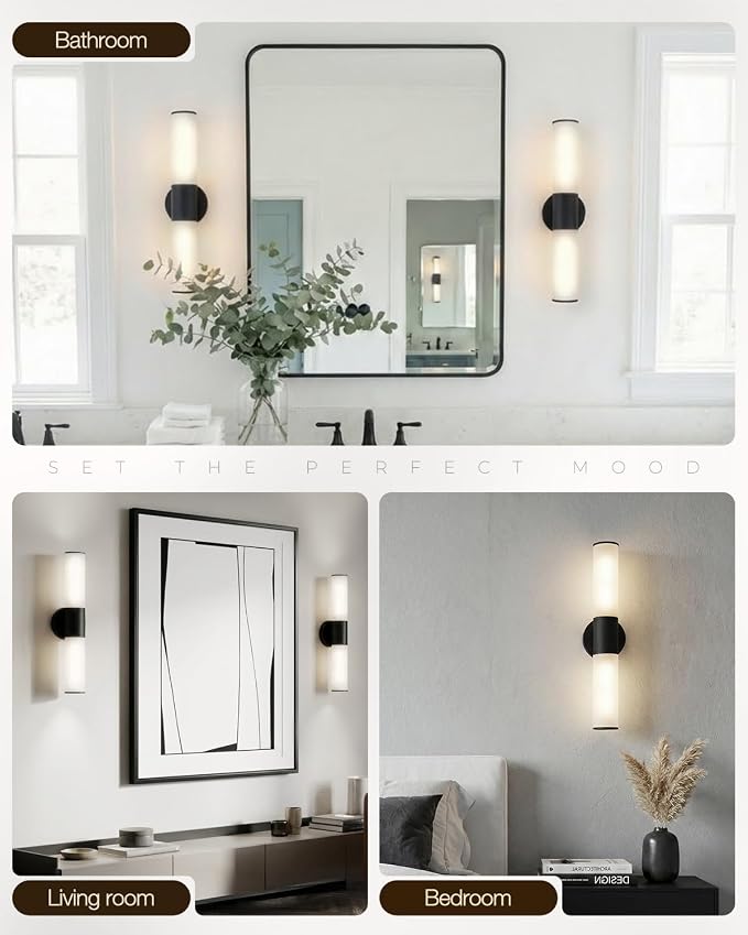 2-Light Bathroom Vanity Lighting Fixture, Black Wall Sconce with Opal White Glass, E26 Stocket Indoor Wall Lamp, Modern Mirror Light