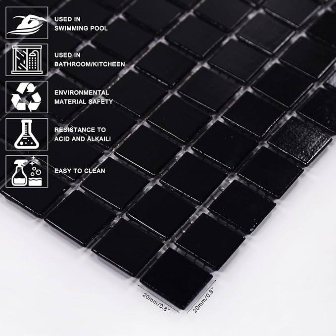 11.5 sq.ft Black Glass Mosaic Tile for Bathroom, Swimming Pool, Backsplash | Waterproof Wall & Floor Tile. Heat & frost resistant outdoors. Mesh-mounted easy install. Use any grout. Easy clean. 10pcs.