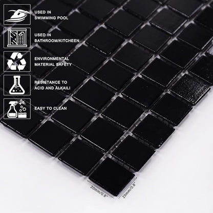 11.5 sq.ft Black Glass Mosaic Tile for Bathroom, Swimming Pool, Backsplash | Waterproof Wall & Floor Tile. Heat & frost resistant outdoors. Mesh-mounted easy install. Use any grout. Easy clean. 10pcs.