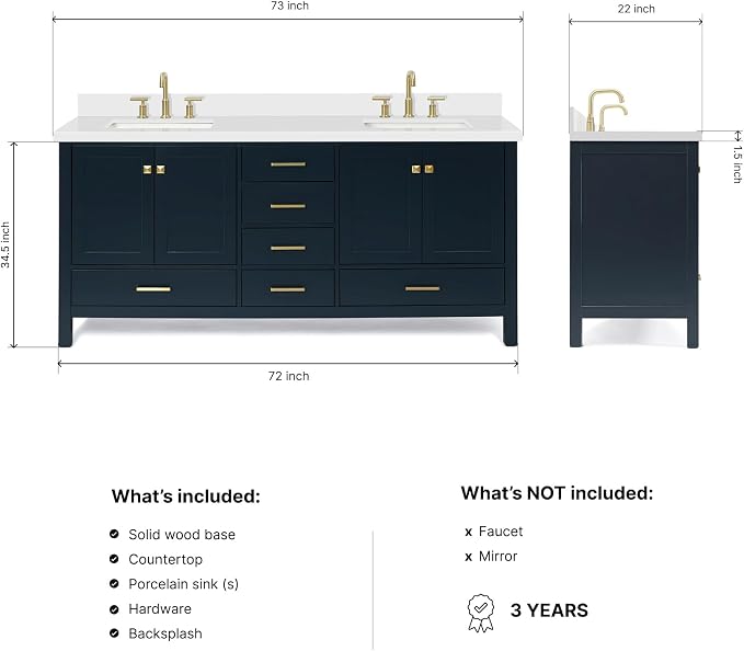 ARIEL Cambridge 72-inch Bathroom Vanity with Sink,Solid Wood, 1.5-inch Pure White Quartz Countertop, Double Rectangular Porcelain Sink, 4 Soft Closing Doors, 6 Dovetail Drawers, Midnight Blue
