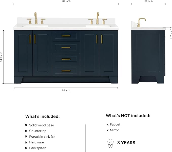 ARIEL Taylor 66-inch Bathroom Vanity with Sink,Solid Wood, 1.5-inch Pure White Quartz Countertop, Double Rectangular Porcelain Sink, 4 Soft Closing Doors, 5 Dovetail Drawers, Midnight Blue