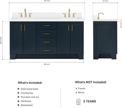 ARIEL Taylor 66-inch Bathroom Vanity with Sink,Solid Wood, 1.5-inch Pure White Quartz Countertop, Double Rectangular Porcelain Sink, 4 Soft Closing Doors, 5 Dovetail Drawers, Midnight Blue
