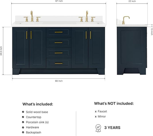 ARIEL Taylor 66-inch Bathroom Vanity with Sink,Solid Wood, 1.5-inch Pure White Quartz Countertop, Double Rectangular Porcelain Sink, 4 Soft Closing Doors, 5 Dovetail Drawers, Midnight Blue