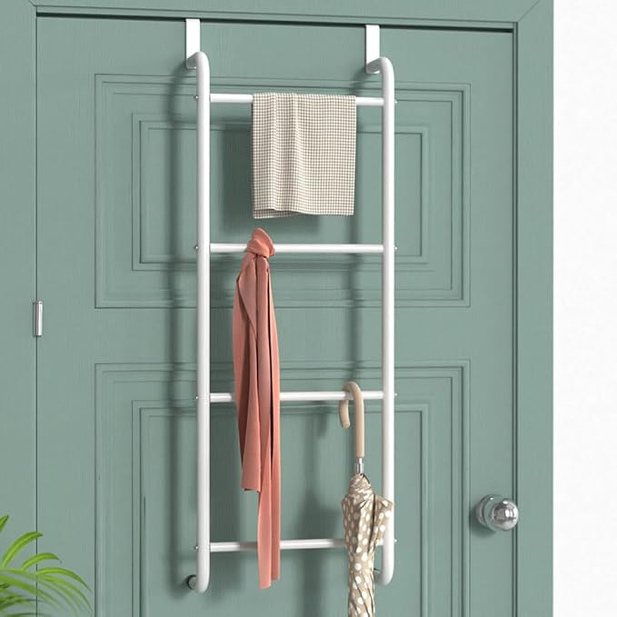 Over The Door Bathroom Hanging Organizer Shelf， Towel Rack for Bathroom, 4 Tier Towel Hanger for Glass Shower Wall or Shower Door (Frameless or Frame to 2") Stylish,White