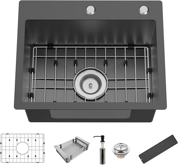 Black 20x16In Drop In Kitchen And Bar Sink, Stainless Steel, Single Bowl | Modern Topmount Bar Sink, Come With Accessory, ideal for small kitchens, bars, prep stations, and utility areas.