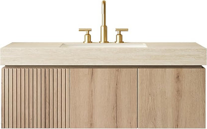 KEIKI 48 Inch Floating Bathroom Vanity with Sink, Modern Wall Mounted Storage Cabinet with Drawer, Pre-assembled Waterproof Wood Panels, Sintered Stone Top & Ceramic Basin Combo Set, White Oak & Beige