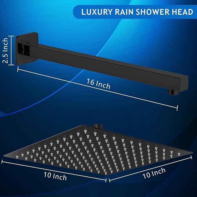 Voolan All Metal Shower Head with Extension Arm, Stainless Steel Waterfall Rainfall Showerheads, High Flow Bathroom Square Rain Shower Head (10’’ Shower Head with 16’’ Shower Arm, Black)