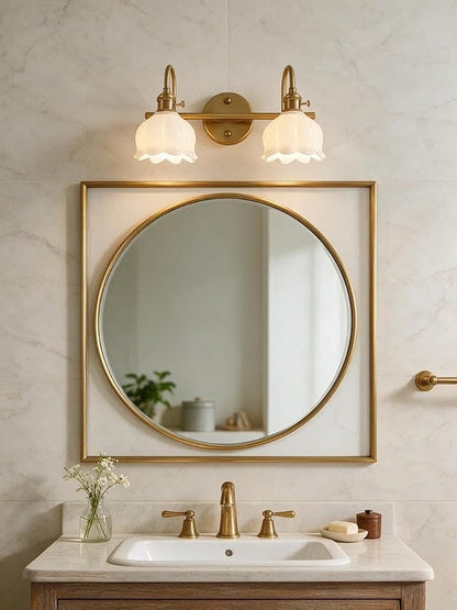 Bathroom Light Fixtures, 3-Light Brass Vanity Wall Light with Amber Tulip Glass Shades, Vintage Wall Sconce Over Mirror for Bathroom, Bedroom, Living Room (Bulbs Not Included) (White, 2-Light)