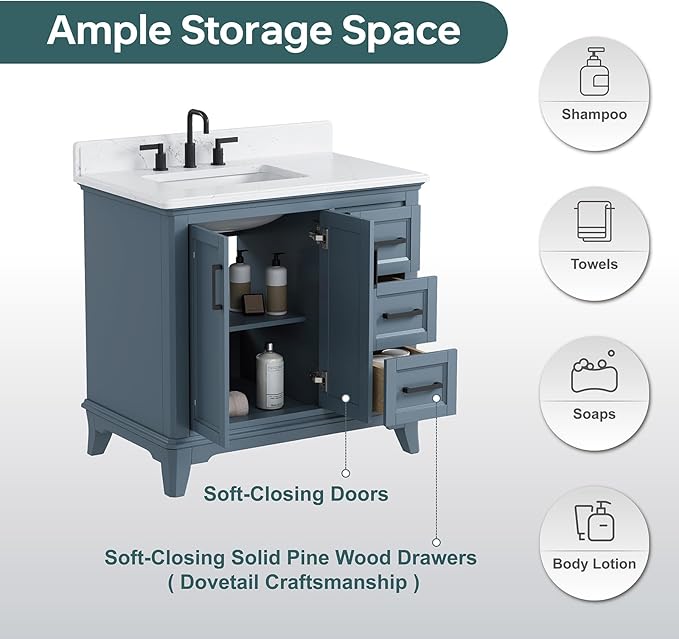 36 Inch Bathroom Vanity with Sink, Fully Assembled Bathroom Vanities with Quartz Countertop, 36 Vanity with Sink and Countertop, Soft Closing Doors & Dovetail Drawer, Steel Blue