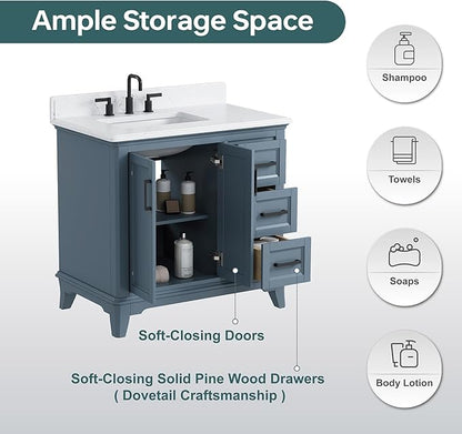 36 Inch Bathroom Vanity with Sink, Fully Assembled Bathroom Vanities with Quartz Countertop, 36 Vanity with Sink and Countertop, Soft Closing Doors & Dovetail Drawer, Steel Blue