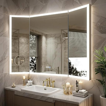 48"x36" Trifold LED Bathroom Mirror with Lights & Removable Magnifier, 180° Foldable, Front & Back Lit, Stepless Dimming, Adjustable Color Temperatures, Anti-Fog, Wall Mounted