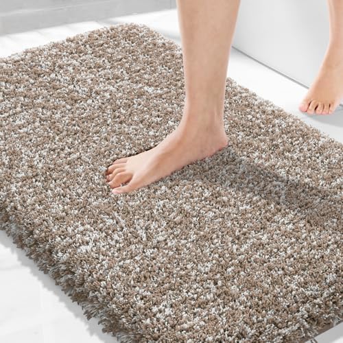 Yimobra Bathroom Rugs Non Slip Washable 36X24, Ultra Soft and Water Absorbent Bath Mats, Plush Fluffy Shower Mat Outside, Luxury Microfiber Thick Matts for Bathroom Floor/Tub, Light Brown and White