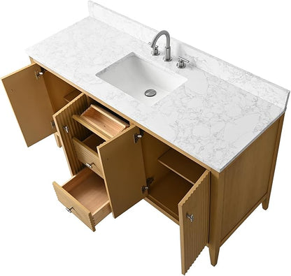 HOMEBEYOND 60" Bathroom Vanity with Single Sink, Solid Wood Bathroom Vanity Free-Standing Cabinet, Ceramic Top & Soft Closing Door, Golden Brushed Handware, Natural Oak