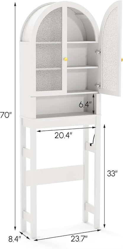 HMstone Over The Toilet Storage Cabinet, Arched Bathroom Organizer and Storage with Acrylic Doors and Adjustable Shelf, Space-Saving Freestanding Bathroom Modern Storage Cabinet Over Toilet, White