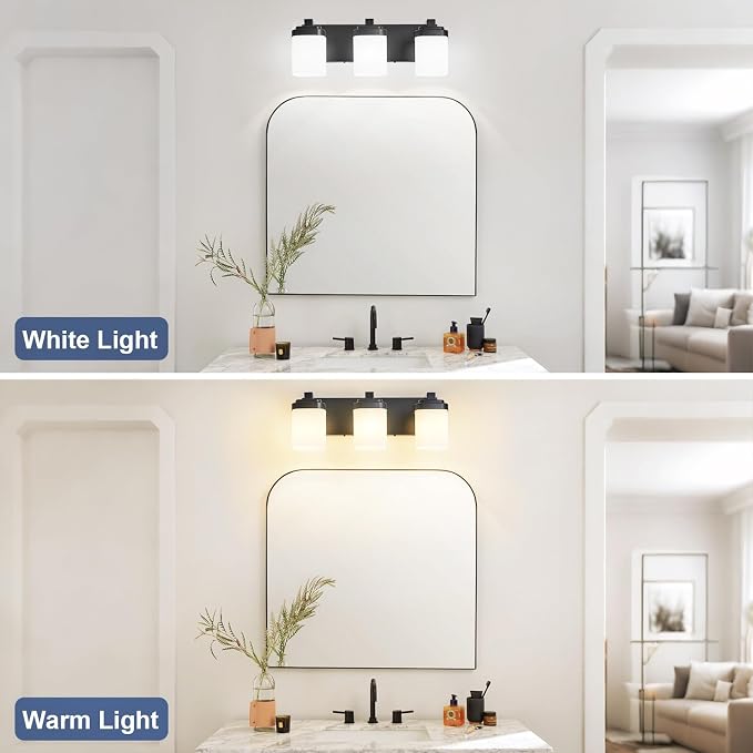 Vanity Lights for Bathroom, Modern Farmhouse Lighting Fixtures | 3-light black bathroom light fixtures over mirror, 17 inches bathroom light wall sconce with milky white square glass shade