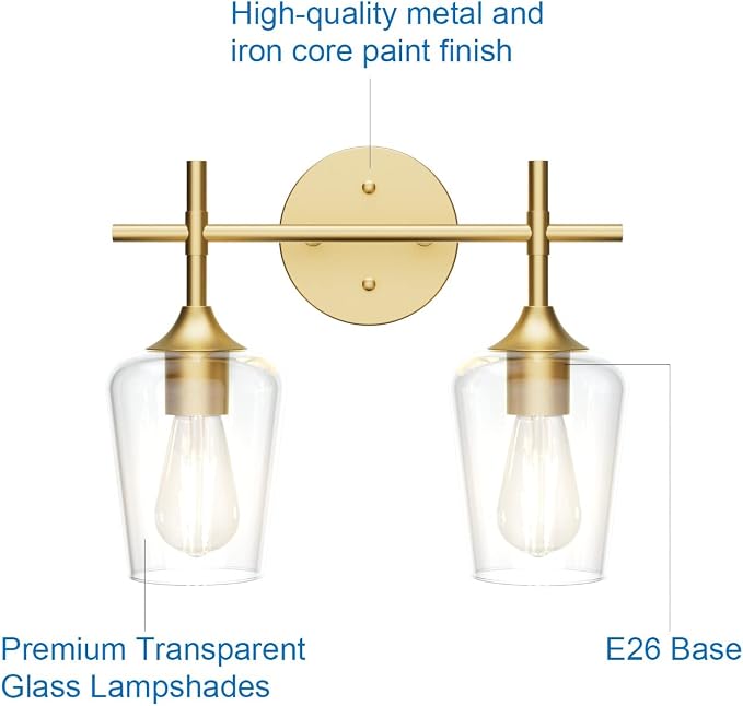 Ralbay Gold Bathroom Light Fixtures 2-Lights with Clear Glass Modern Wall Mount Lighting Industrial Farmhouse Gold Bathroom Vanity Lights Wall Sconce