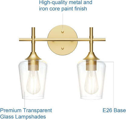 Ralbay Gold Bathroom Light Fixtures 2-Lights with Clear Glass Modern Wall Mount Lighting Industrial Farmhouse Gold Bathroom Vanity Lights Wall Sconce
