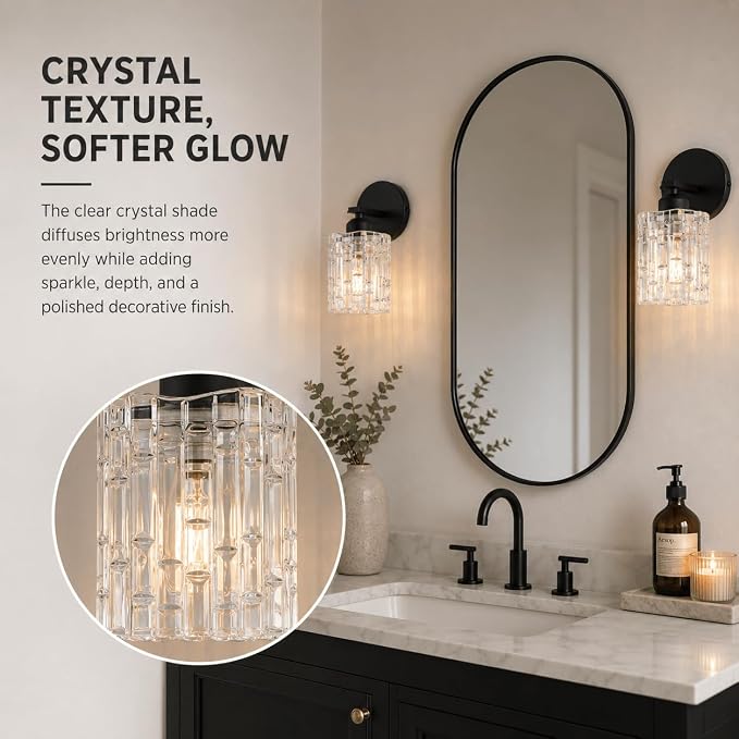 2-Pack 1-Light Modern Matte Black Crystal Wall Sconces, Hardwired Indoor Bathroom Vanity Light Fixtures, Crystal Over Mirror Lamps for Living Room, Bedroom, Hallway