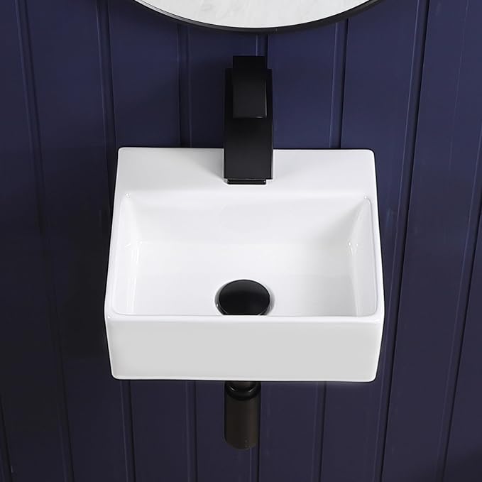 Small Wall Mount Bathroom Vessel Sink 13"x12" Rectangular Floating White Porcelain Ceramic Wall Hung Vanity Basin Sink for Tiny Home,RV,Bathroom