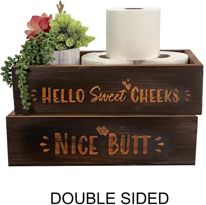 Admired by Nature Hello Sweet Cheeks Solid Wood Toilet Paper Holder, Farmhouse Décor, Toilet Paper Storage, Bathroom Accessories, Bathroom Décor, for Home Décor Bathroom Organizer (Brown)