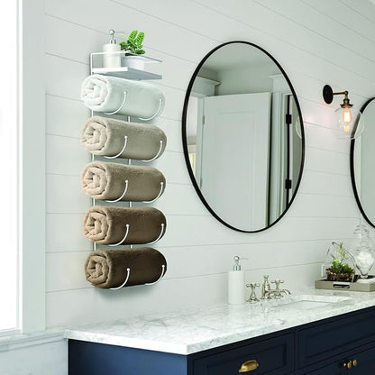 Sorbus Bathroom Towel Holder - 5 Tier Metal Towel Rack with Wood Shelf for Rolled Bath Towels, Washcloths, Linens, Hand Towels, Soaps & Accessories - Wall Mounted Towel Rack for Bathroom Towel Storage