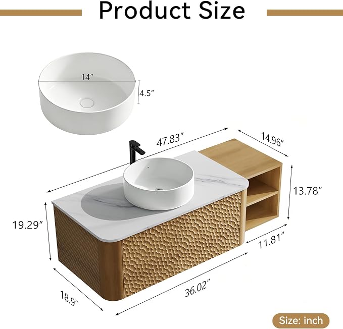 48 Inch Modern Bathroom Vanity with Ceramic Sink, Floating Bathroom Sink Cabinet with Sintered Stone Top&Solid Wood Hammered Frame, Single Bathroom Vanities w/Soft-Close Drawer&IDE Open Cube