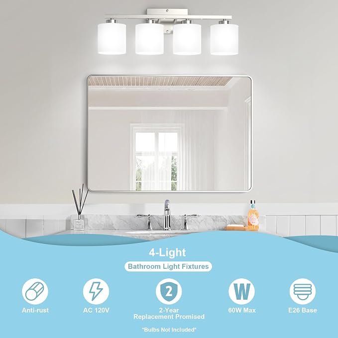 Honesorn 4-Light Bathroom Light Fixtures Over Mirror, Brushed Nickel | Bathroom Light with Milky White Frosted Shades, Anti-Rust Finish, E26 Socket(Bulbs Not Included)