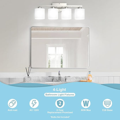 Honesorn 4-Light Bathroom Light Fixtures Over Mirror, Brushed Nickel | Bathroom Light with Milky White Frosted Shades, Anti-Rust Finish, E26 Socket(Bulbs Not Included)
