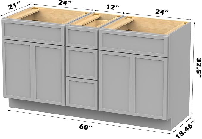 HomeBeyond 60 Inches Bathroom Vanity Base Cabinet Without Sink, Double Sink Top Sturdy Floor Mounted Cabinet with Door & Soft Closing Drawers,Grey, VA4124-2+VA4112-3