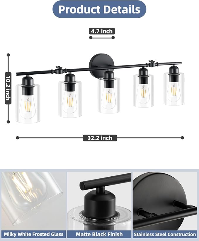 5-Light Bathroom Light Fixtures, Matte Black Vanity Lights for Bathroom