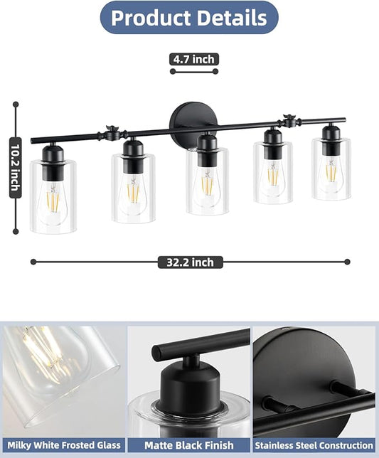 5-Light Bathroom Light Fixtures, Matte Black Vanity Lights for Bathroom