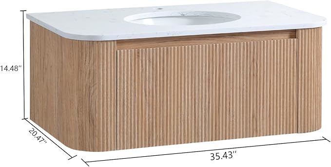 36 Inch Wall Mounted Bathroom Vanity with Ceramic Sink, Pre-Assembled Floating Vanity Cabinet with Cararra Artificial Countertop, Wave Texture Finish & Drawer, Wood