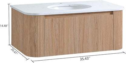 36 Inch Wall Mounted Bathroom Vanity with Ceramic Sink, Pre-Assembled Floating Vanity Cabinet with Cararra Artificial Countertop, Wave Texture Finish & Drawer, Wood