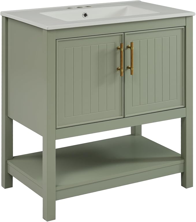 30" Bathroom Vanity with Ceramic Sink,Sink Cabinet w/Soft Closing 2 Doors and Bottom Shelf,Metal Handles,Freestanding Wooden Storage Cabinet,Solid Wood Frame,for Small Space,Green