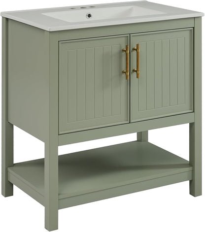 30" Bathroom Vanity with Ceramic Sink,Sink Cabinet w/Soft Closing 2 Doors and Bottom Shelf,Metal Handles,Freestanding Wooden Storage Cabinet,Solid Wood Frame,for Small Space,Green