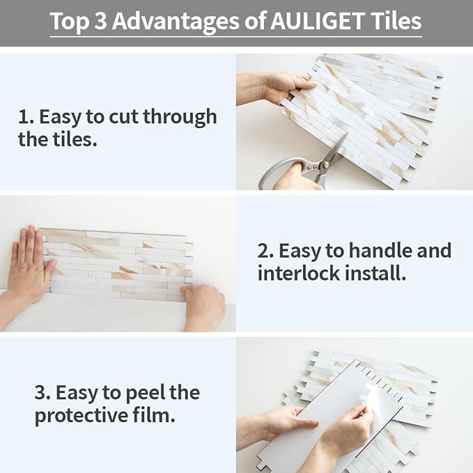 AULIGET 20 Sheets Calacatta Gold Peel and Stick Backsplash, PVC Mixed Metal Silver Wall Tile Stick on Backsplash for Kitchen and Bathroom