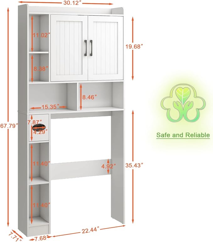 Vabches Farmhouse Over The Toilet Storage Cabinet with Barn Door, White | Storage Cabinet Over Toilet, Home Space-Saving Toilet Rack, for Bathroom, Restroom, Laundry