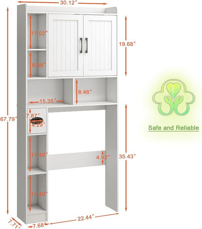 Vabches Farmhouse Over The Toilet Storage Cabinet with Barn Door, White | Storage Cabinet Over Toilet, Home Space-Saving Toilet Rack, for Bathroom, Restroom, Laundry