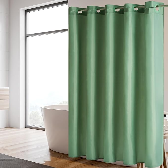 Furlinic Stall No Hook Long Shower Curtain,Small Narrow Fabric Cloth Bathroom Curtain with 6 Plastic Built-in Grommets,Waterproof & Machine Washable,Hotel Style,Grey Green,48x84 Inch.