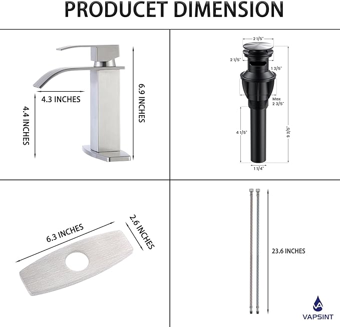 VAPSINT Brushed Nickel Waterfall Bathroom Faucet, Modern Single Handle Bathroom Sink Faucet for 1 or 3 Hole, Stainless Steel Deck Mount Vanity Washbasin Faucets with Deck Plate and Pop-up Drain