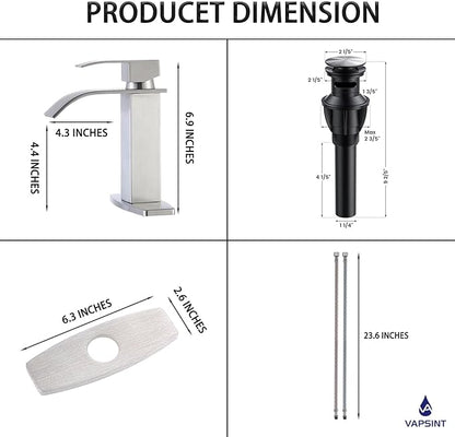 VAPSINT Brushed Nickel Waterfall Bathroom Faucet, Modern Single Handle Bathroom Sink Faucet for 1 or 3 Hole, Stainless Steel Deck Mount Vanity Washbasin Faucets with Deck Plate and Pop-up Drain