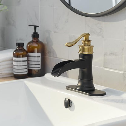 Bathroom Sink Faucet 3 Hole Double Handle Widespread Waterfall | Black and Gold,Solid Brass,8 Inch,Pop-up Drain,Control of Hot and Cold Water,Rust-Resistant,Corrosion Resistant, Long-Lasting