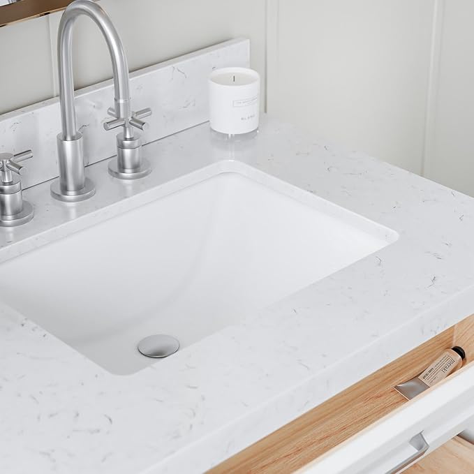 ARIEL Monroe 72-inch Bathroom Vanity with Sink,Solid Wood, 1.5-inch Carrara White Quartz Countertop & Backsplash, Double Oval Porcelain Sink, 9 Dovetail Drawers, Brushed Nickel, White