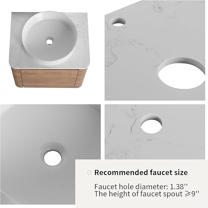 LKTART 24 Inch Floating Bathroom Vanity with Sink, Modern Wall Mounted Bathroom with Soft Close Door, White Round Ceramic Basin and Sintered Stone Top