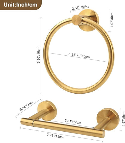 Brushed Gold Toilet Paper Holder Set, Stainless Steel Towel Ring, Double Post Pivoting Toilet Paper Holder and Hand Towel Holder Set for Bathroom